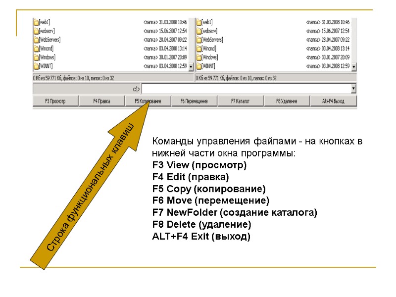 Команды управления файлами - на кнопках в нижней части окна программы:  F3 View